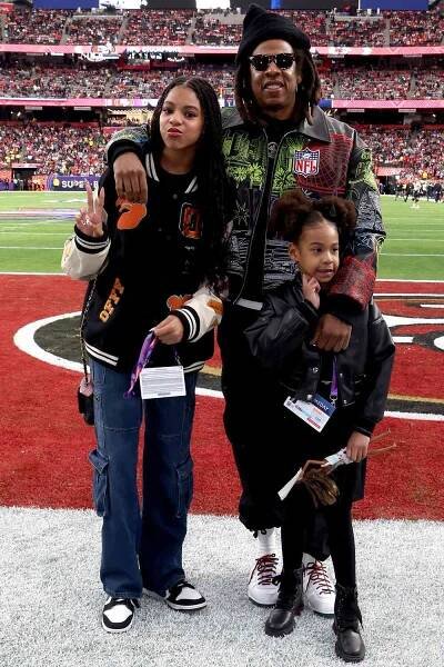 Blue Ivy Carter, Jay-Z and Rumi Carter attend the Super Bowl LVIII Pregame at Allegiant Stadium on February 11, 2024 in Las Vegas, Nevada.
