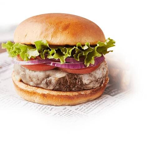 A freshly cooked cheeseburger served on a brioche bun with fresh lettuce, onion slices and tomato slices.