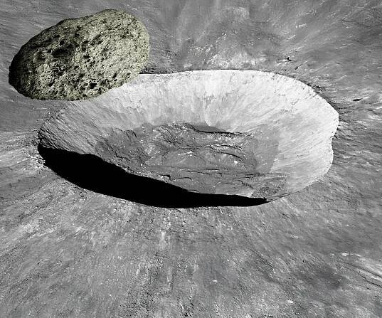 Composite image showing asteroid Kamo'oalewa – top left – which was likely blasted from the Giordano Bruno crater – main image – on the far side of the Moon. Credit:NASA/Goddard/Arizona State University, Vencavolrab/Getty