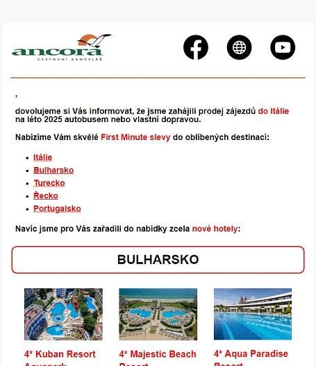 ANCORA - nové hotely v nabídce a zahájení prodeje zájezdů do Itálie
