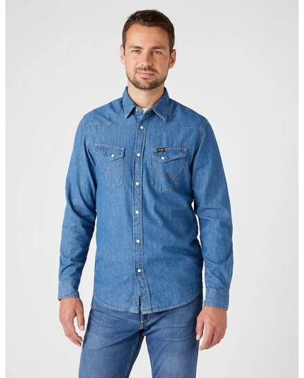 Pánská riflová košile WRANGLER W5F25K14V LS WESTERN SHIRT MID STONE velikost XXL