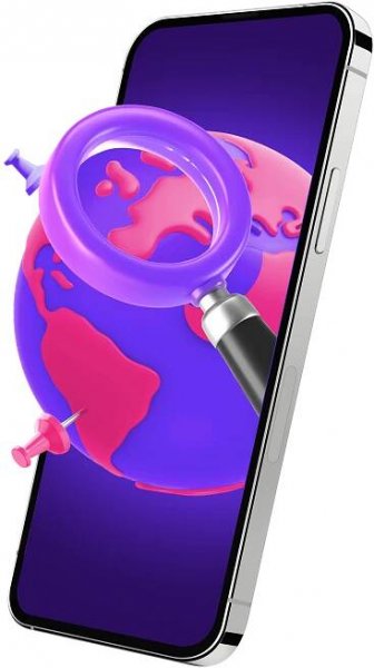 A mobile phone with a pink and purple earth globe and a magnifying glass emerging from the screen