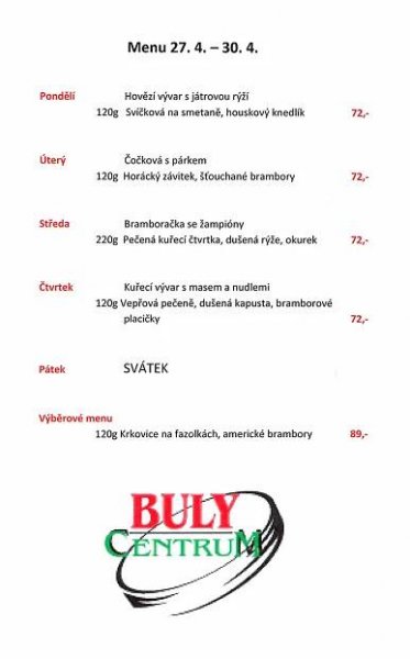 Buly Centrum menu 27. - 30.4.2015 | Buly Aréna Kravaře