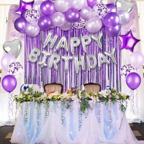 Sada 37 kusů balónků prémiové kvality pro vnitřní a venkovní fialové narozeninové oslavy, stříbrné a