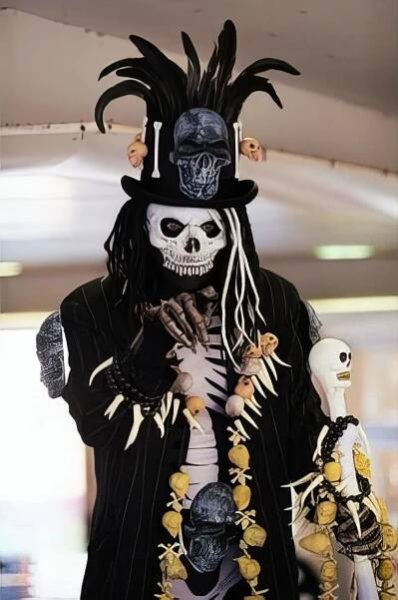 Stilt-walking skeleton spider and voodoo priest.
