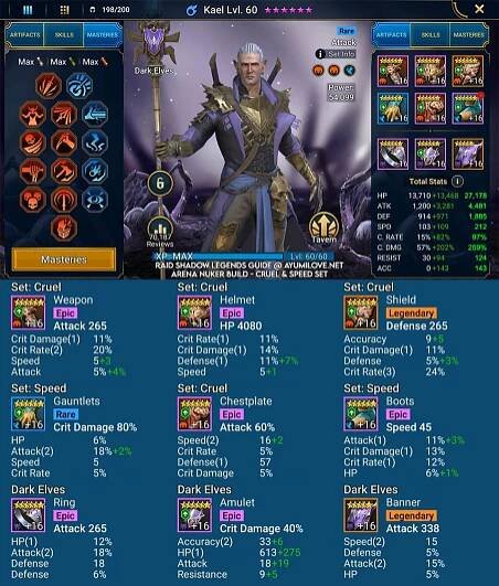 Raid Shadow Legends Kael Artifact and Stats Reference Guide for Arena Nuker Build using Cruel and Speed Set