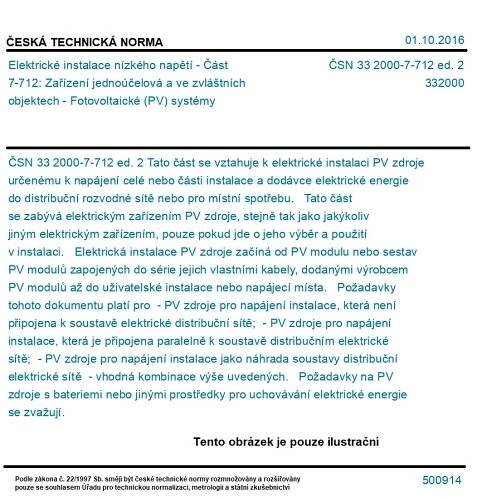 ČSN 33 2000-7-712 ed. 2 - Elektrické instalace nízkého napětí - Část 7-712: Zařízení jednoúčelová a ve zvláštních objektech