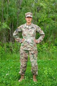Major Alice Kim, whose husband is also in the Army, poses in 2020, Fort Leavenworth, Kansas.