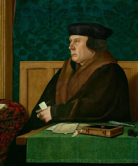 A portrait of an older man with a black hat, sitting at a table with a green cloth and several books, clutching a letter in his hand and looking off into the distance