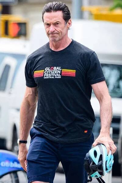 Hugh Jackman is spotted arriving at the Audible Theater in New York on his bicycle