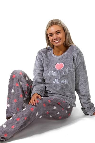 Šedá srdíčková extra teplá souprava na zimu pro plnoštíhlou ženy SMILE all day, big, Pyžamo huňaté, extra teplé pro ženy