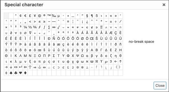 Classic editor special character modal