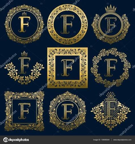 Vintage monogramy sada F dopisu. Zlatý heraldický loga v věnce, kulaté a čtvercové rámečky.
