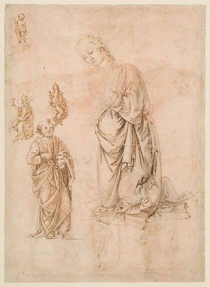 Sketches of Figures of the Virgin Kneeling, Saint Peter Standing, Seated Allegorical Figures of Faith and Charity, and Child Standing on a Corbel (?) (recto); Sketches of Figures of Saint Sebastian Standing and the Virgin and Child with Angels (verso), Francesco di Simone Ferrucci  Italian, Pen and brown ink, over leadpoint or black chalk, on rose-washed paper