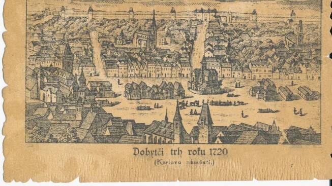 Historický pohled na náměstí ještě s kotci a kaplí Božího Těla.