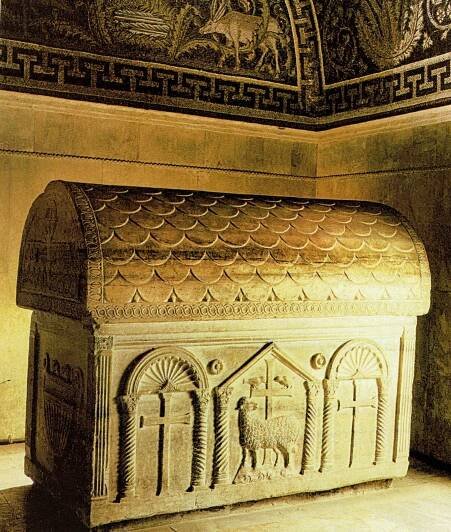 Sarcophagus attributed to Emperor Honorius or Constantius III in the mausoleum of Galla Placidia. Ravenna