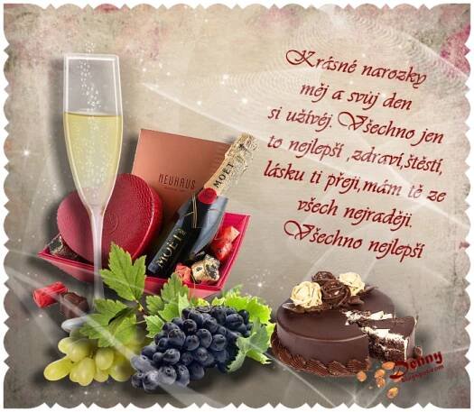 a birthday card with wine, cake and fruit
