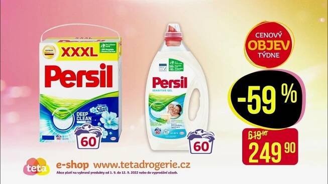 TV reklama Teta drogerie od 1. 9. 2022 - akce na produkty Persil a zubní pasty Lacalut