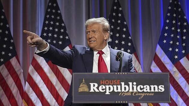 Zvolený prezident Donald Trump hovoří na setkání s republikánskou stranou ve Washingtonu. (13. listopadu 2024)