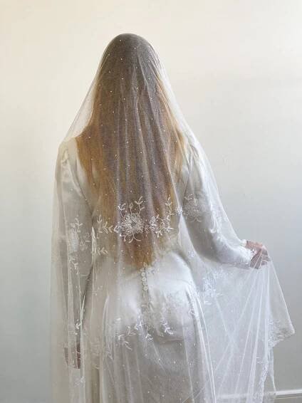 Antique Fine Spotted Cathedral Veil with Floral Embroidery