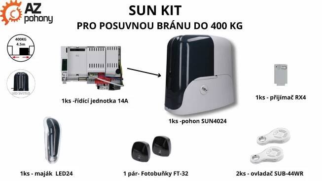SUN KIT pro posuvnou bránu do 400 kg, 1x SUN4024 (24 V, 250 W, 13 Nm), 1x CT-14A, 2x SUB-44WR, 1x RX4, 1 pár FT-32, 1x LED24