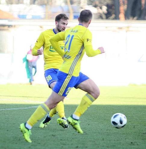 Fotbalisté Fastavu Zlín (ve žlutém) v sobotním 22. kole FORTUNA:LIGY hostili doma pražské Bohemians 1905. Na snímku Poznar