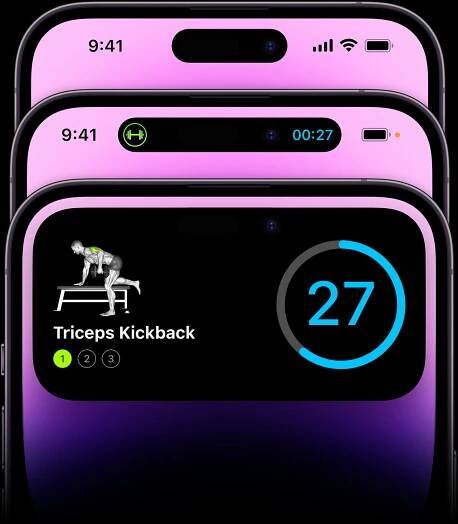 A screenshot composite view of SmartGym’s Dynamic Island that shows the type and duration of your current workout.