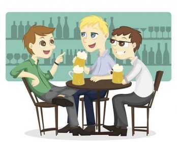 Tři mužské zaměstnance těšit, pití piva na baru ilustrace — Stock obrázek