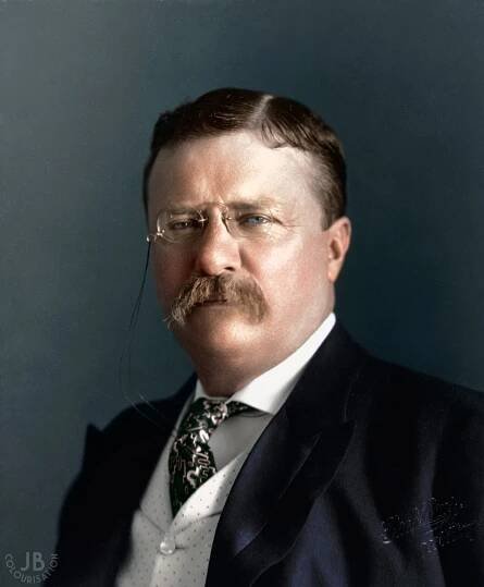 Headshot of Theodore Roosevelt in color. the photo has been colorized.