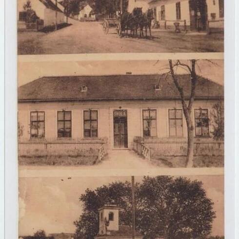 Pohlednice z roku 1915 - 
Novotnova hospoda, stará škola, původní kaplička s rybníkem