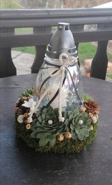 a glass lantern with succulents and pine cones