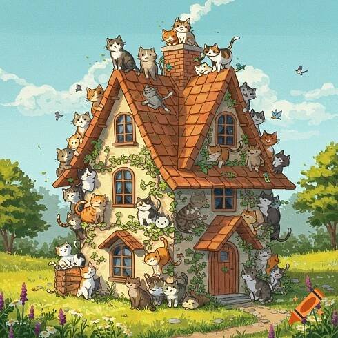 A charming illustration of a cottage house covered with numerous cartoon cats lounging on the roof and walls in a sunny, green landscape.