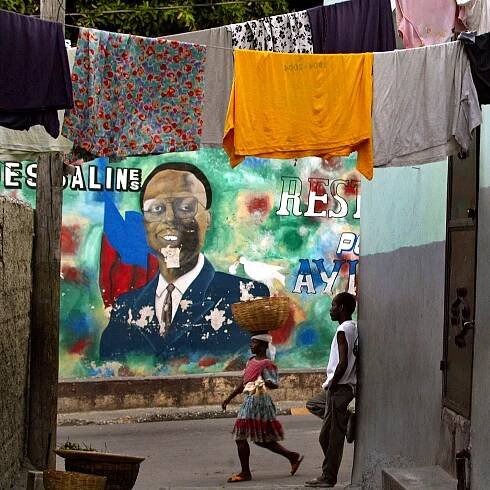 A mural of Jean-Bertrand Aristide, the former president of Haiti.