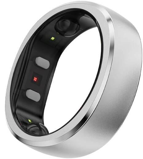 Silver smart ring with sensors, sleep and health tracking, made of lightweight titanium