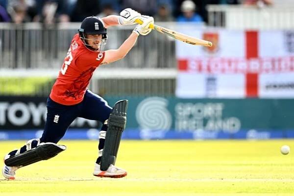 England batter Jordan Cox batting during a T20 International Series match.