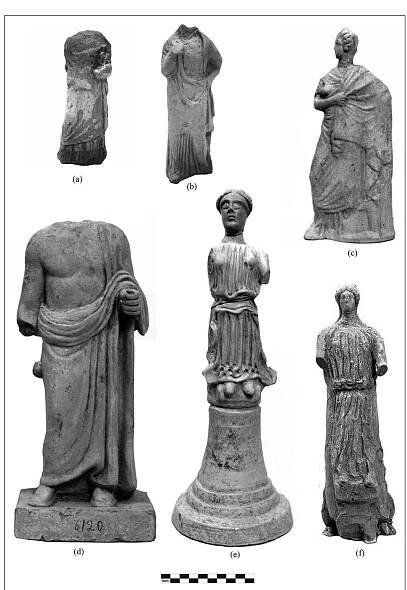 Fig. 9. Gortyn, thesmophorion. Tanagra-type and divine figurines; a: headless figurine of Tanagraia, early fourth century BC; b: headless figurine of Tanagraia, early fourth century BC; c: Tanagraia, late fourth century BC; d: headless statuette depicting a male god, fourth century BC; e, f: Nike figurines. 