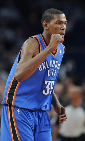 Kevin Durant #35 of the Oklahoma City Thunder celebrates.