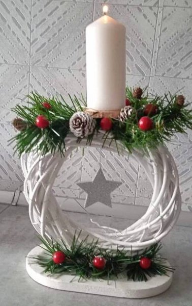 Rustic White Candle Holder with Pine Cones and Red Berries