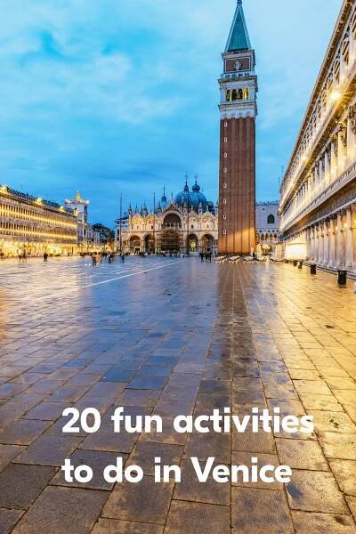 a large clock tower sitting in the middle of a town square with text overlay reading 20 fun activities to do in venice
