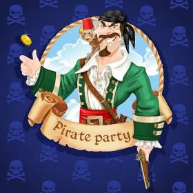 Roztomilý pirát s opicí zvracet zlaté mince. Banner pro piráta — Ilustrace