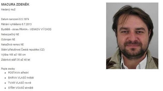 Policie zveřejnila v databázi hledaných osob profil Zdeňka Macury. (6. července 2013)