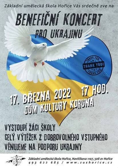 Pozvánka na benefiční koncert pro Ukrajinu - Základní umělecká škola (ZUŠ) Hořice