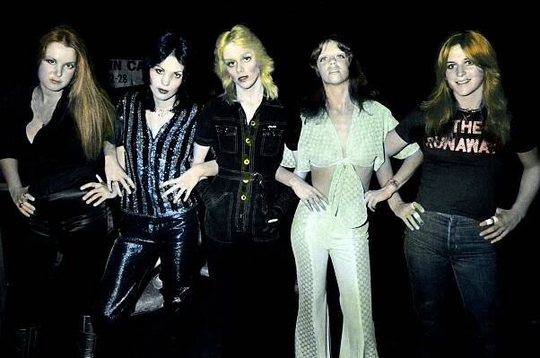 The Runaways (Left to right: Lita Ford, Joan Jett, Cherie Currie, Jackie Fox and Sandy West) in 1976