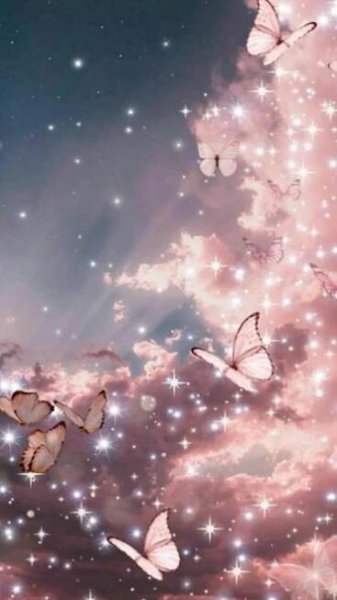 there are many butterflies flying in the sky with stars and clouds behind them, as if they were floating