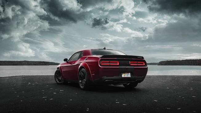 Red Dodge Challenger Demon 4K Near Water Wallpaper