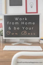 a desk with a computer, lamp and pictures on the wall above it that says work from home & be your own boss