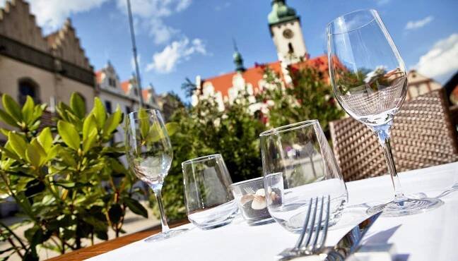 Terrace of Goldie restaurant with beautifull view of the old historical town