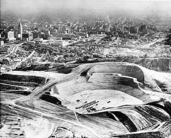 To build Dodger Stadium, construction crews reshaped the hills around Chavez Ravine, as seen in this photo taken on May 25, 1960. Courtesy of the Los Angeles Examiner Collection, USC Libraries.