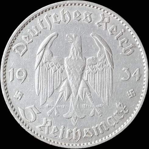 Německo - 5 Marka 1934 G Posádkový kostel - stříbrná mince - Numismatika