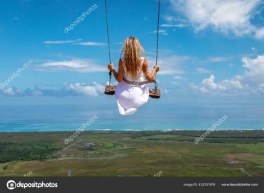 Woman Swinging Swings Green Mountains Ocean Sea Caribbean Tropical Landscape